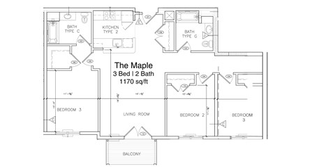 Floor plan for 3 beds, 2 baths, 1170 sqft